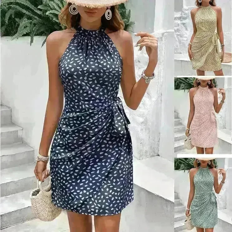 Casual Summer Halter neck Printed Dress With Tied Elegant Ladies High Neck Mini Dress. - EX-STOCK CANADA