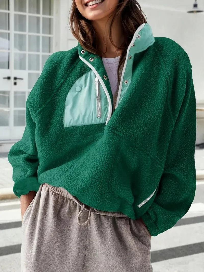Women's Fashion Sweatshirt Fleece Stand Collar Zipper Pocket Top EX-STOCK Canada