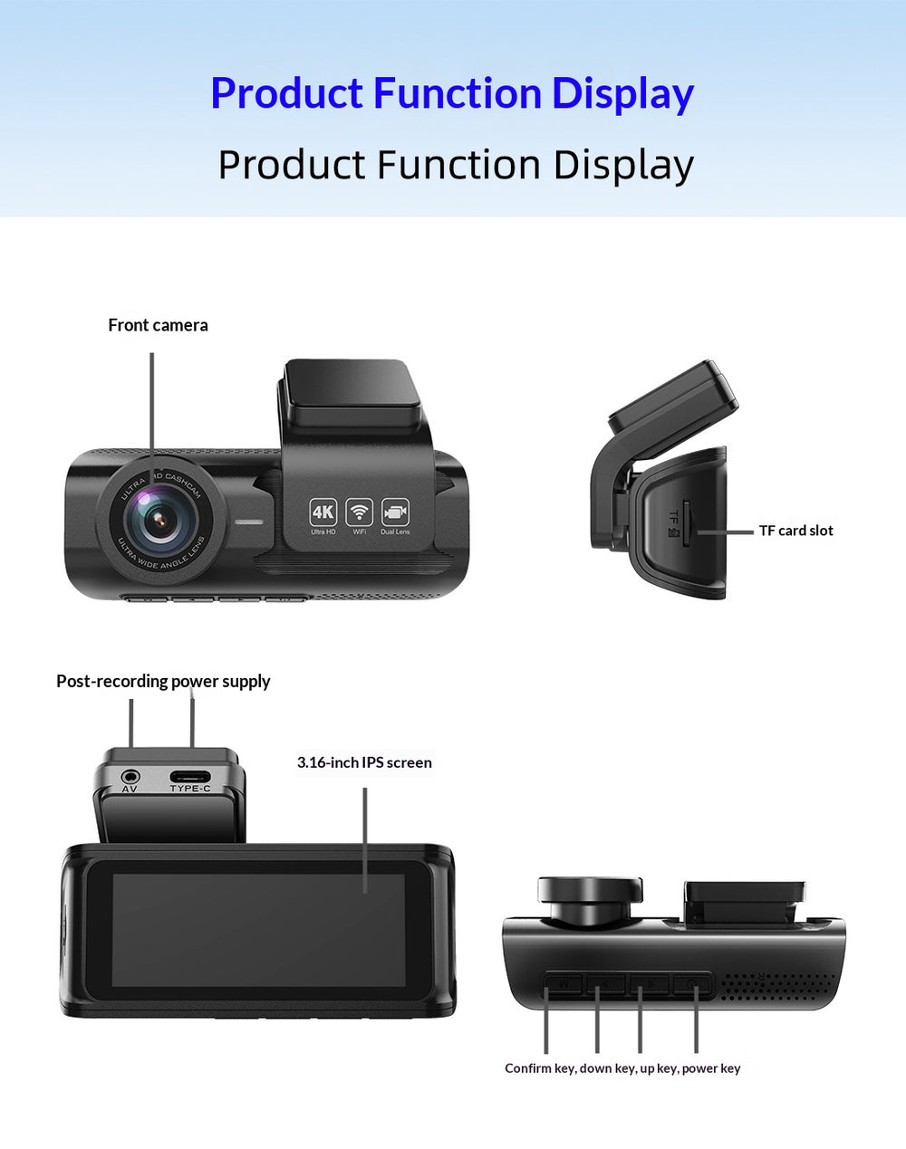 Product function display diagram showing multiple views of a black dash camera with labeled callouts including front camera, TF card slot, post-recording power supply, 3.16-inch IPS screen, and confirmation/lower/upper power keys.