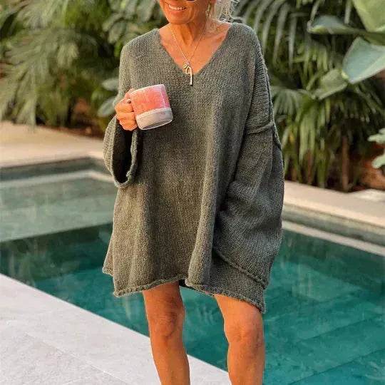 Women's Fashion V-neck Long-sleeve Knitwear 2-color Sweater dress - EX-STOCK Canada