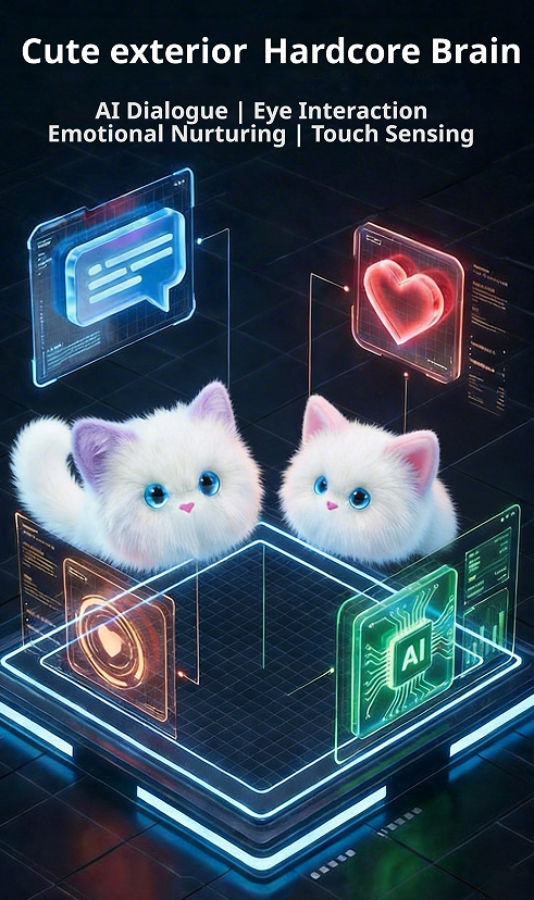 Digital artwork showing two fluffy white kittens floating above a futuristic glowing interface with text reading 'Cute exterior Hardcore Brain' and feature callouts like AI Dialogue, Eye Interaction, Emotional Nurting, and Touch Sensing.