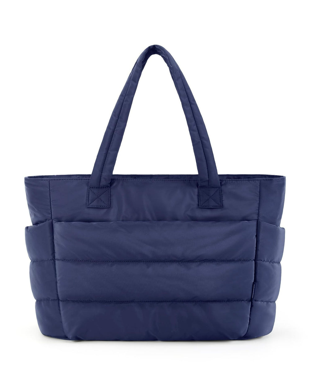 Blue quilted tote bag on a white background