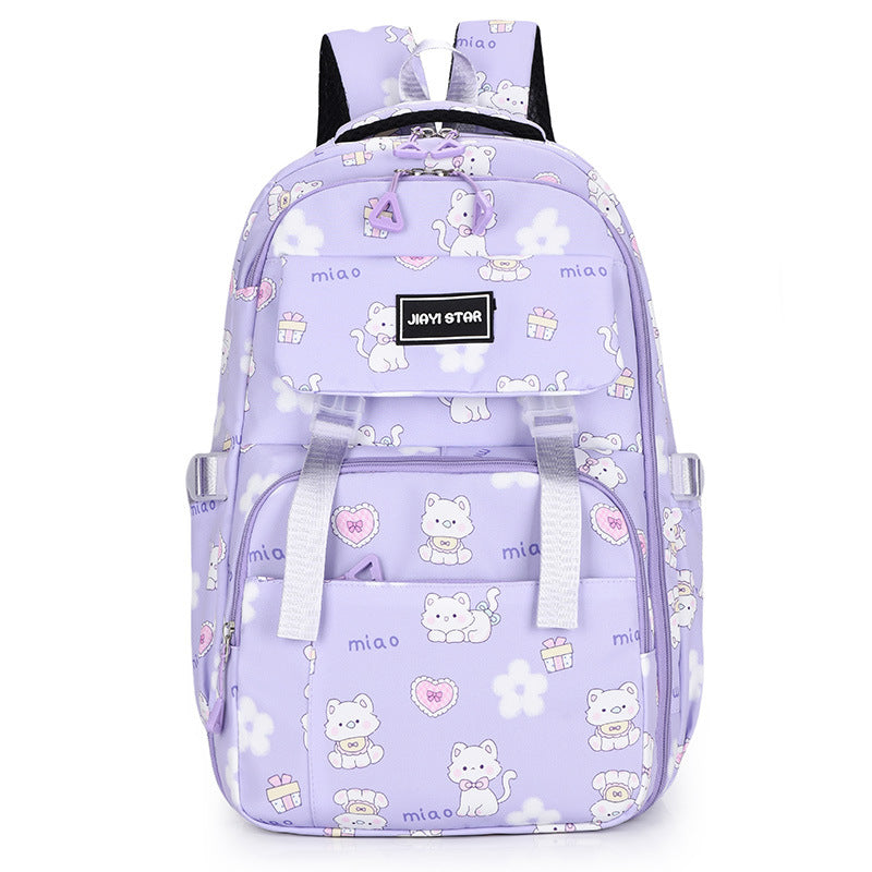 Purple backpack with cartoon designs on a white background