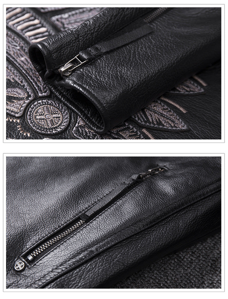 Men's Embroidered Genuine Leather Motorcycle Jacket – Stand Collar Biker Coat | S–4XL 6