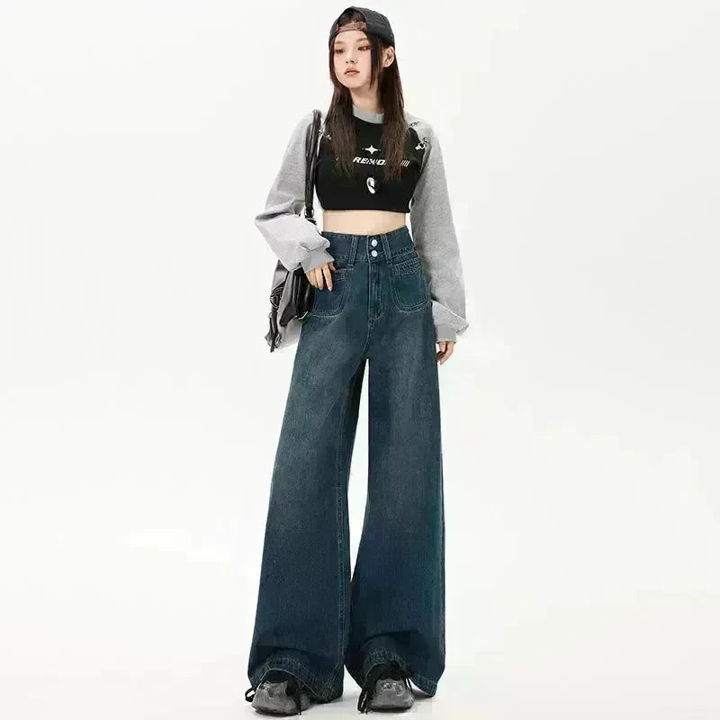 New Simple High Waist Casual Straight-leg Baggy Jeans Pant For Women - EX-STOCK CANADA