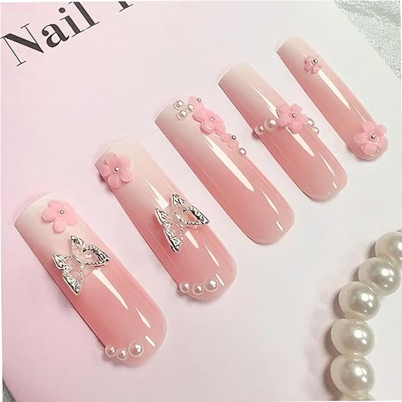 24 PCS Flower Diamond Butterfly Nail Art, Long Length Long Water Pipe Fake Nails,Square Head Nail Tips False Nail EX-STOCK Canada