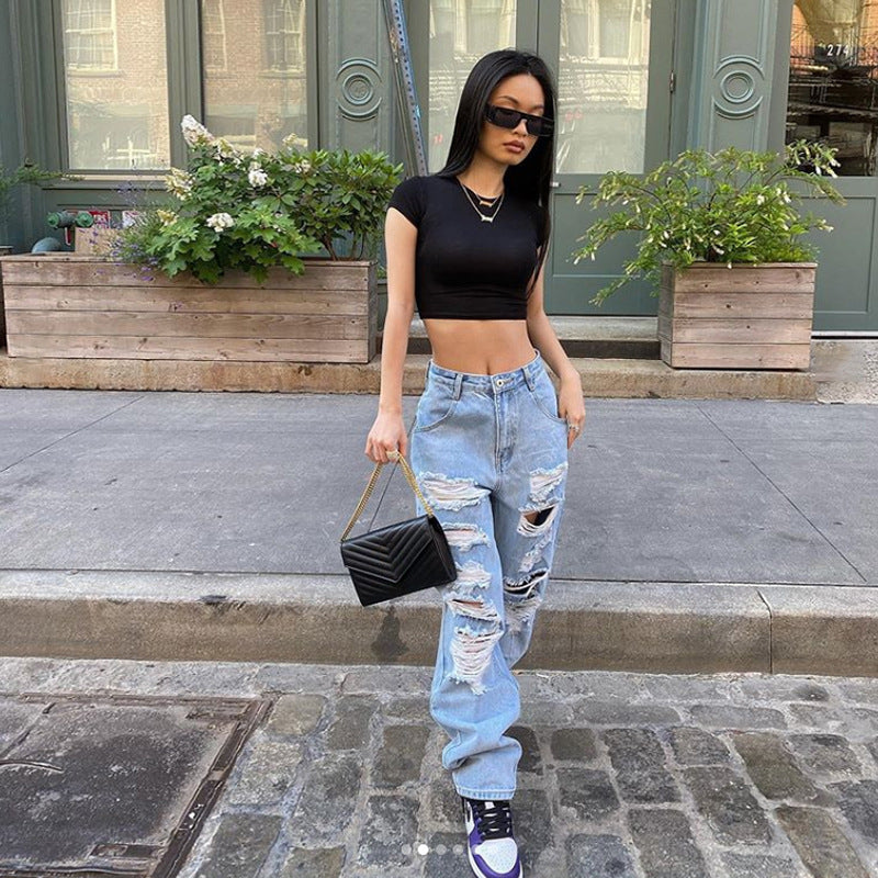 Women Street style Ripped Denim Jeans Pant Low rise