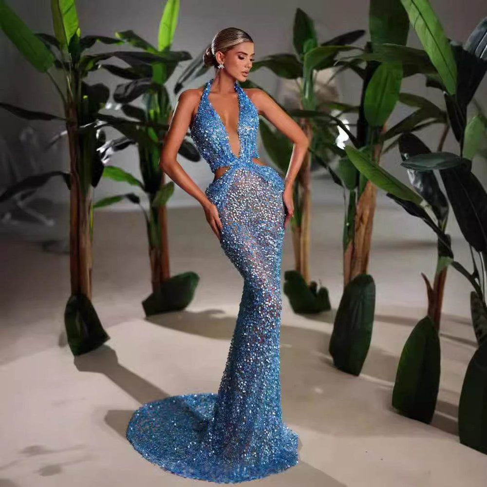New Halter Deep V-neck Slim fit Sequined Evening Party Dress - EX-STOCK Canada