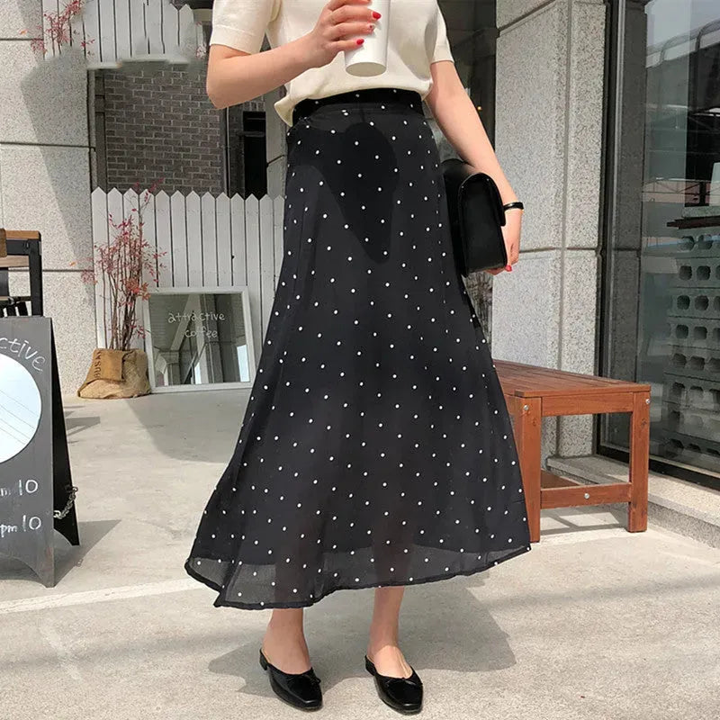 Polka dot High waist Chiffon Flowy Midi skirt women - EX-STOCK CANADA