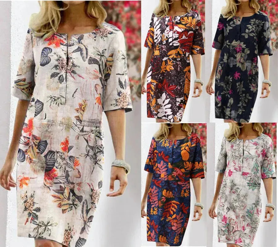 Vintage Dress Women Summer Floral Leaf Print Slit Round Neck Half Sleeve Dresses - EX-STOCK CANADA