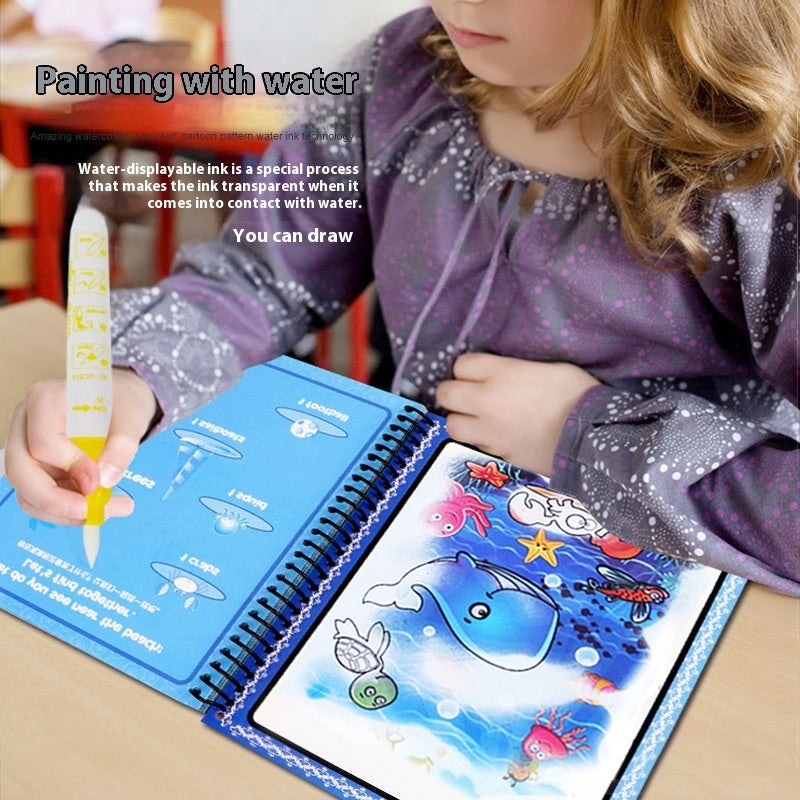 Child using a water-soluble ink pen to draw on a coloring book with underwater-themed illustrations.