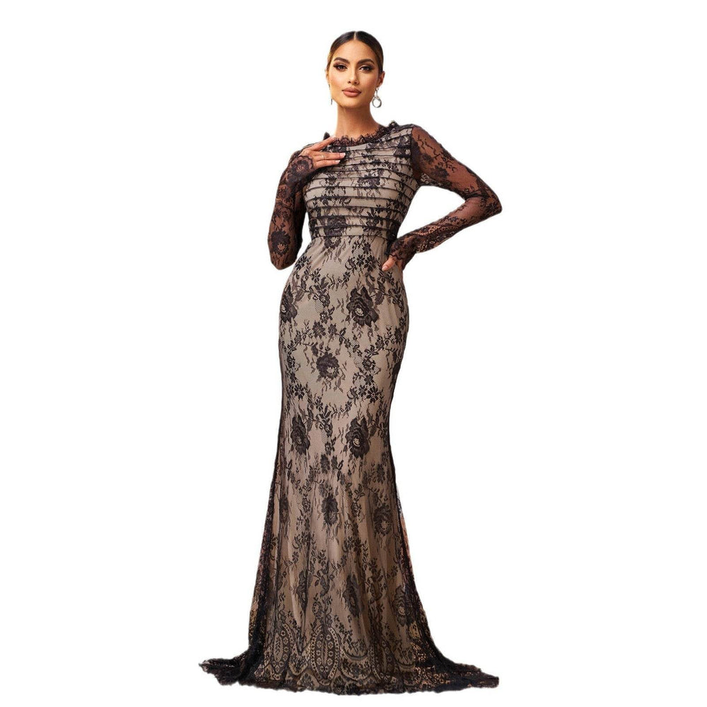 Elegant Long Sleeve Gauze Sheath Fishtail Evening Party Dress - EX-STOCK Canada