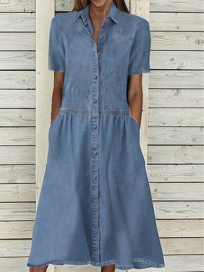 Women's European And American Lapel Casual loose button down Midi Denim jeans Mum Dress - EX-STOCK Canada