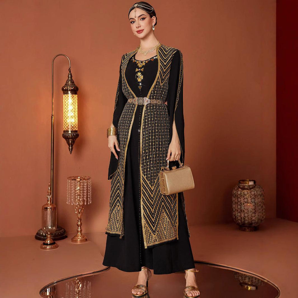 Robe arabe vintage noire fausse en deux pièces avec broderie dorée - EX-STOCK Canada