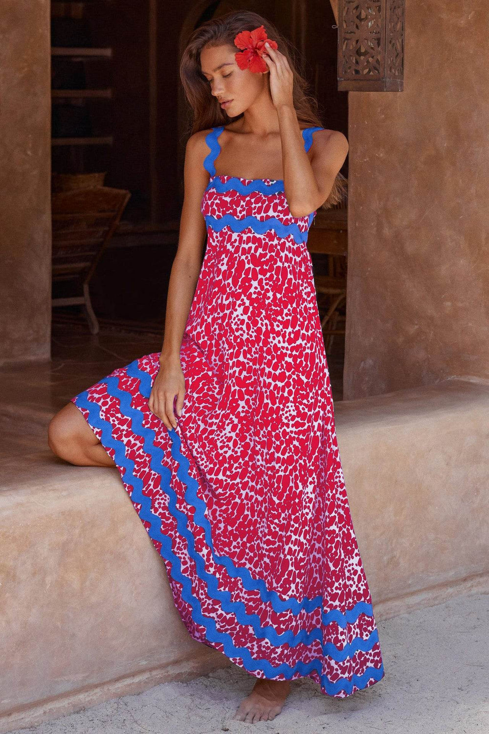 Flowers Print Wavy Pattern Suspender Long Dress For Women Fashion A-Line Beach Dresses Womens Clothing - EX-STOCK Canada