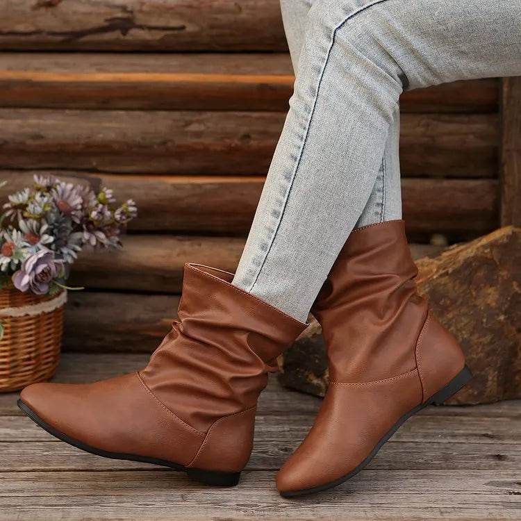 Fashion Round-toed Flat Boots Versatile Simple Slip-on Western Cowboy Boot Casual Short Shoes For Women - EX-STOCK Canada