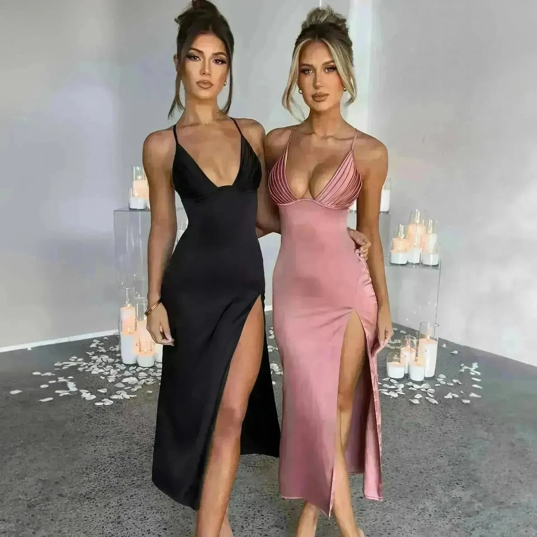Spaghetti Strap Dress With Split Design Deep V-neck Sleeveless Backless Bodycon Satin Evening Party Wedding Cocktail Dresses For Womens Clothing - EX-STOCK CANADA