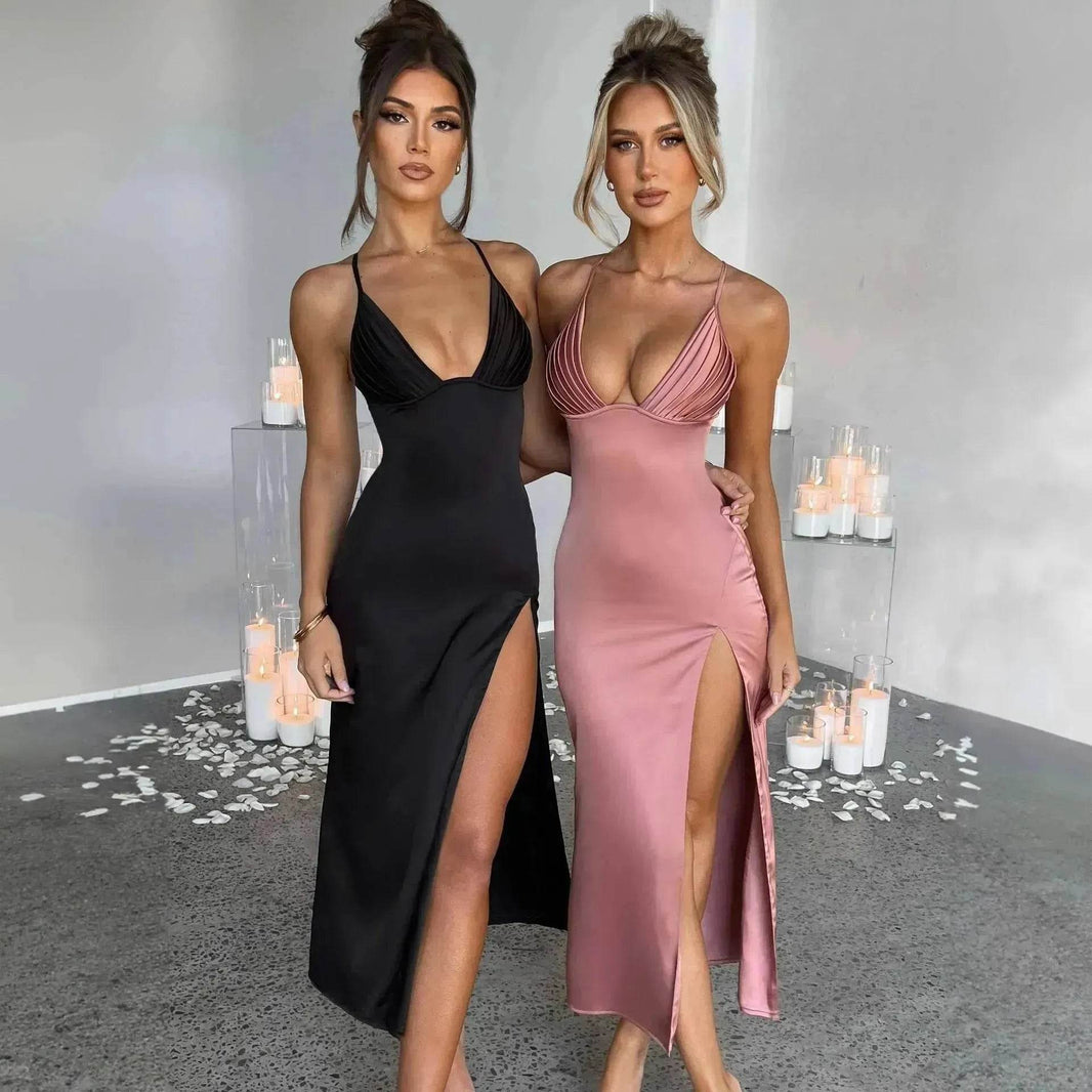 Spaghetti Strap Dress With Split Design Deep V-neck Sleeveless Backless Bodycon Satin Evening Party Wedding Cocktail Dresses For Womens Clothing - EX-STOCK Canada