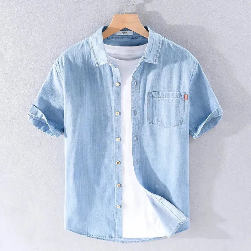 Summer Cotton Short Sleeve Denim Shirt For Men Classic All-matching Jeans