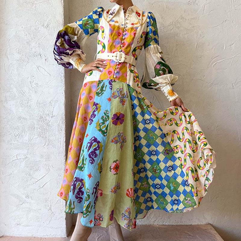 Print Holiday Women Beach Dress With Belts A-Line Long Lantern Sleeve Single Breasted Lapel Seaside Dresses Robe - EX-STOCK Canada