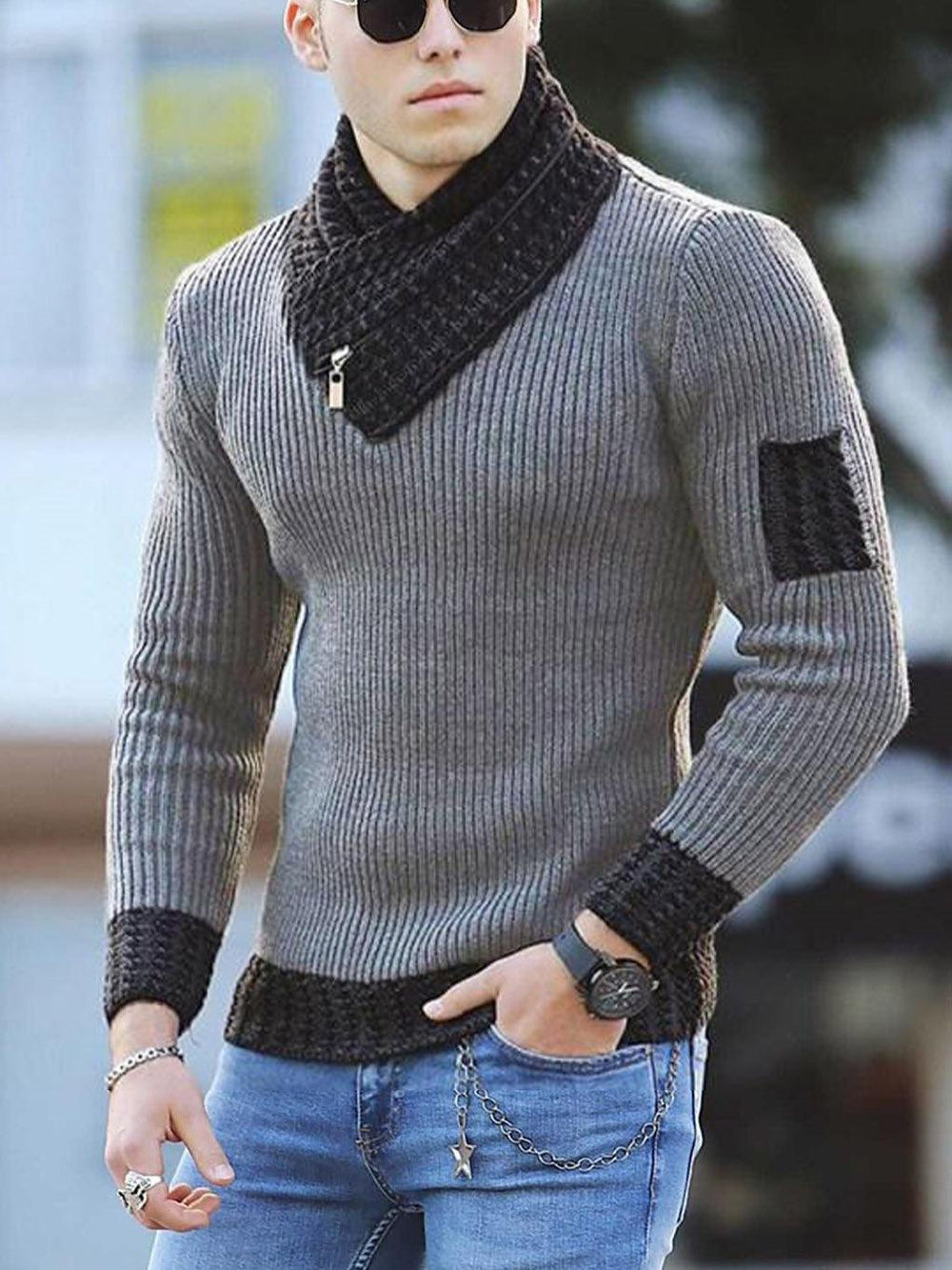 Independent Station Casual Slim Knit Pullover Long-sleeved Scarf Collar Sweater Men's EX-STOCK Canada