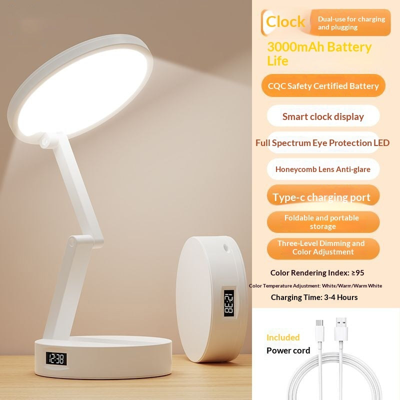 White LED desk lamp with charging cable on a beige background