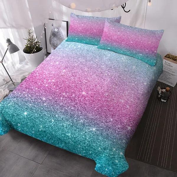 Bunte Glitzer-Bettwäsche für Mädchen in Türkisblau, Rosa und Lila Pastellfarben Bettbezug 3-teilig Trendige Bettüberwürfe Queen-Size-Steppbettbezug-Sets für MädchenEX-STOCK Canada