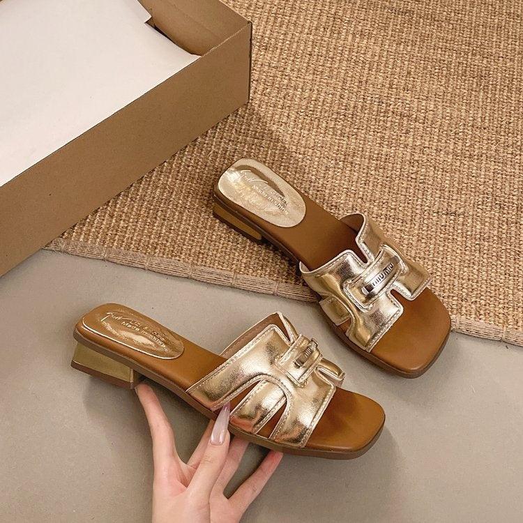 Women's Flat Block Heel Slides, 2026 Summer Outdoor Fashion Woven Slides, Versatile Elegant One-Strap Slippers