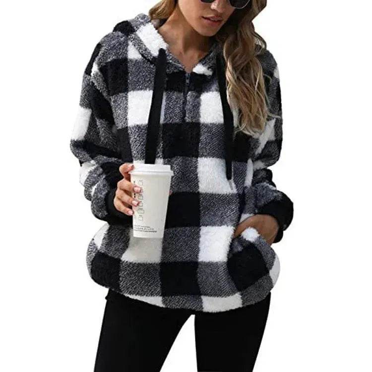 Casual Thick Fleece Plush half zip Plaid Hoodie Pullover top for women - EX-STOCK Canada