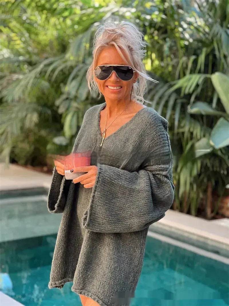 Women's Fashion V-neck Long-sleeve Knitwear 2-color Sweater dress - EX-STOCK Canada