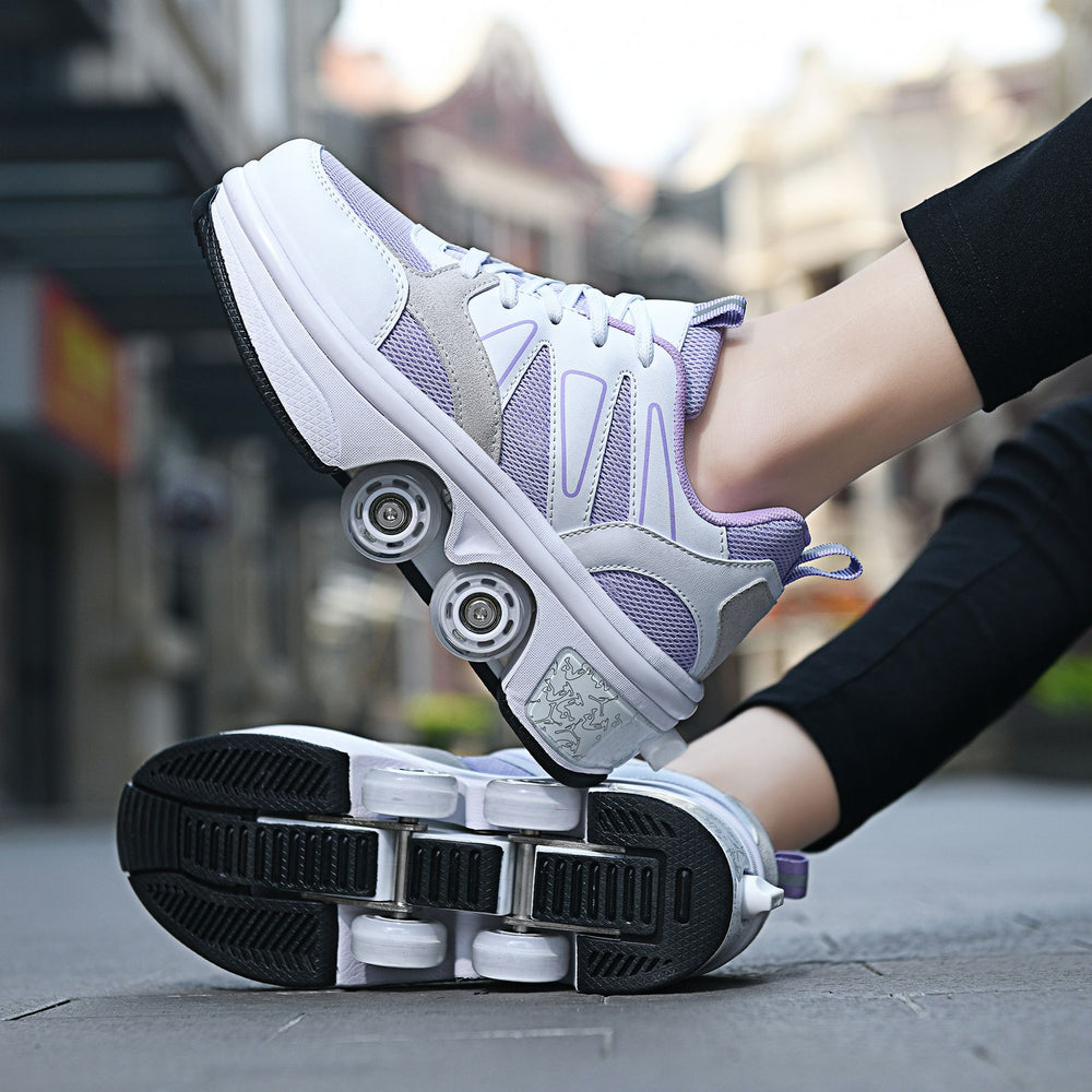 Person wearing a pair of purple and white roller shoes on a blurred street background