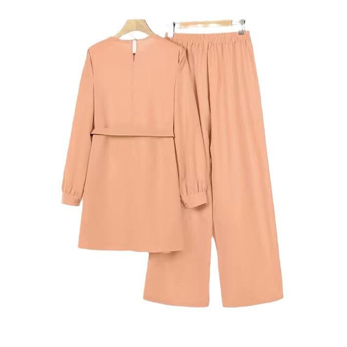 Ensemble haut et pantalon musulman du Moyen-Orient à manches longues, col rond, ceinture à taille élastique - EX-STOCK Canada