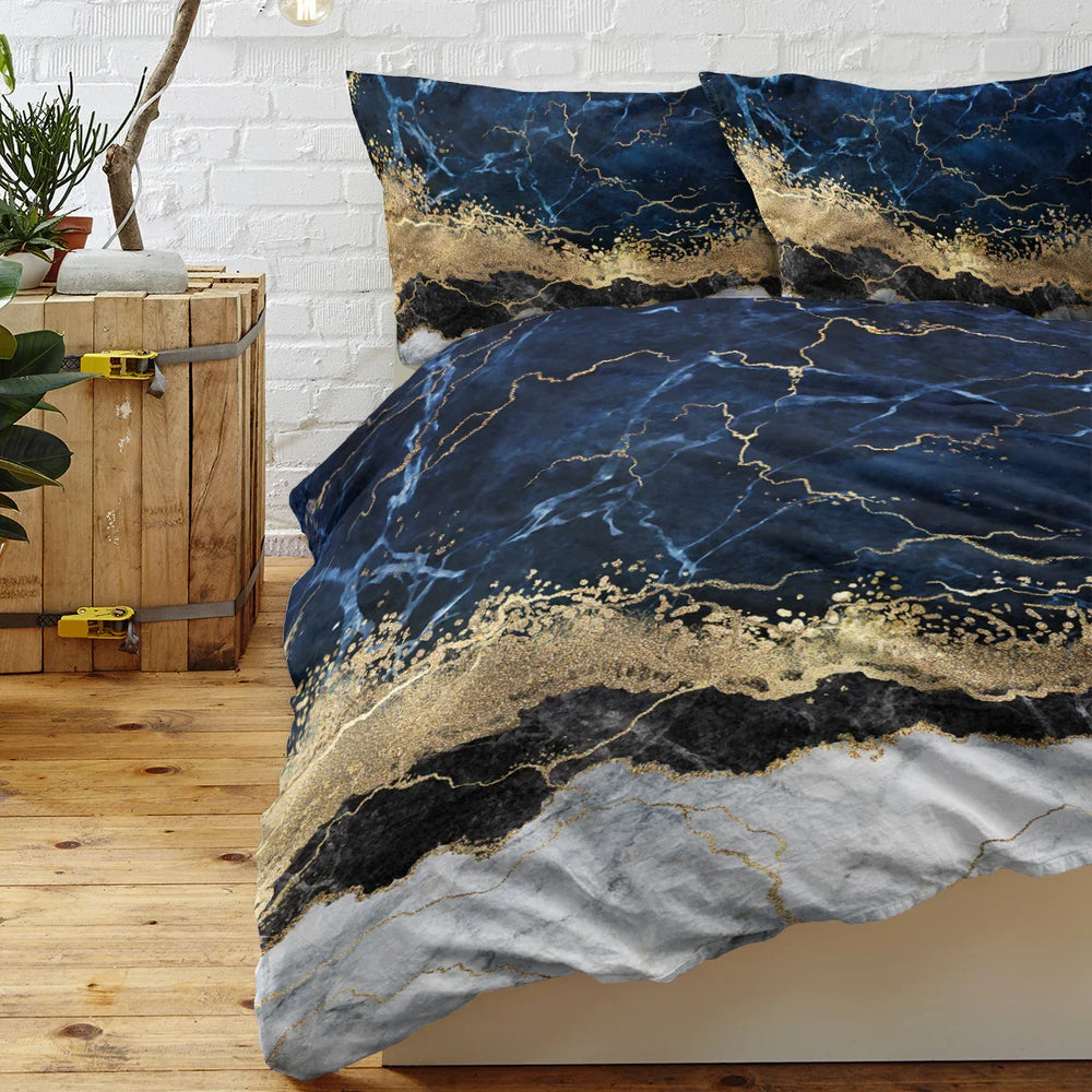 Chic Marble Bedding White Marble Gilded Navy Blue Duvet Cover Set Trendy Printed Design Bed Quilt Cover Set King 1 Duvet Cover 2 Pillowcases EX-STOCK Canada