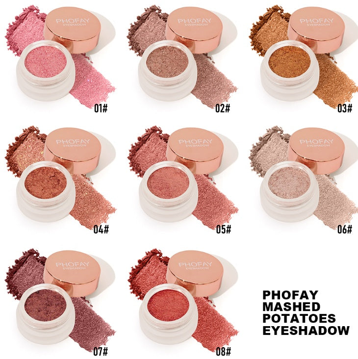 Collection of Phofay mashed potato eyeshadow pots in various shades on a white background.