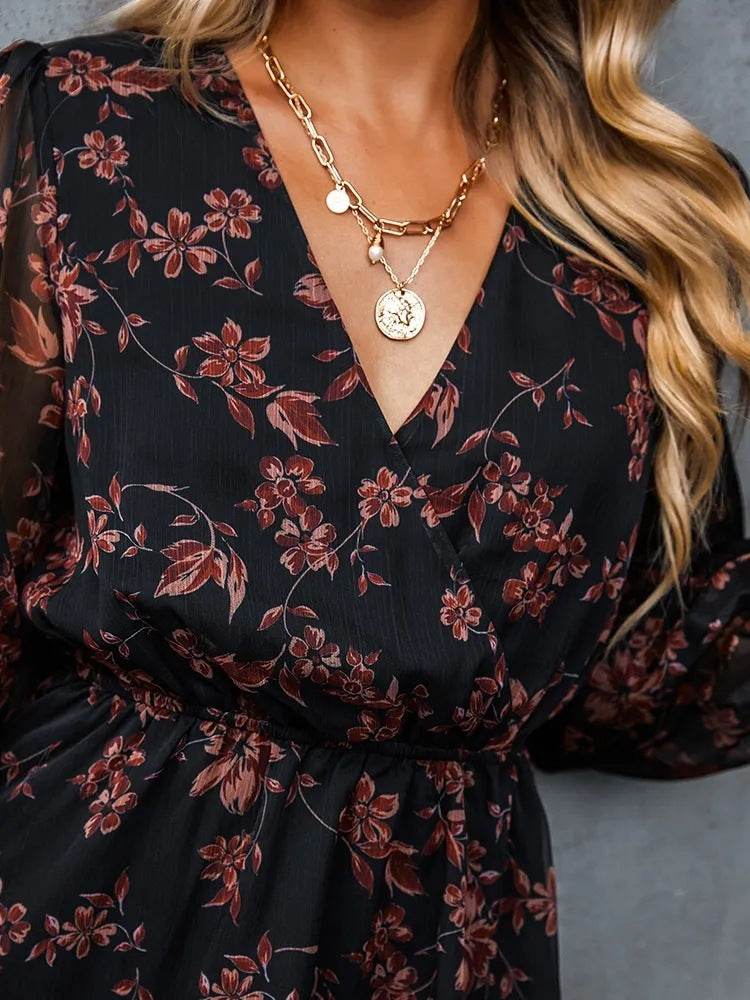 Casual V-neck Summer Spring Long Sleeve Floral mini Chiffon Dress - EX-STOCK Canada