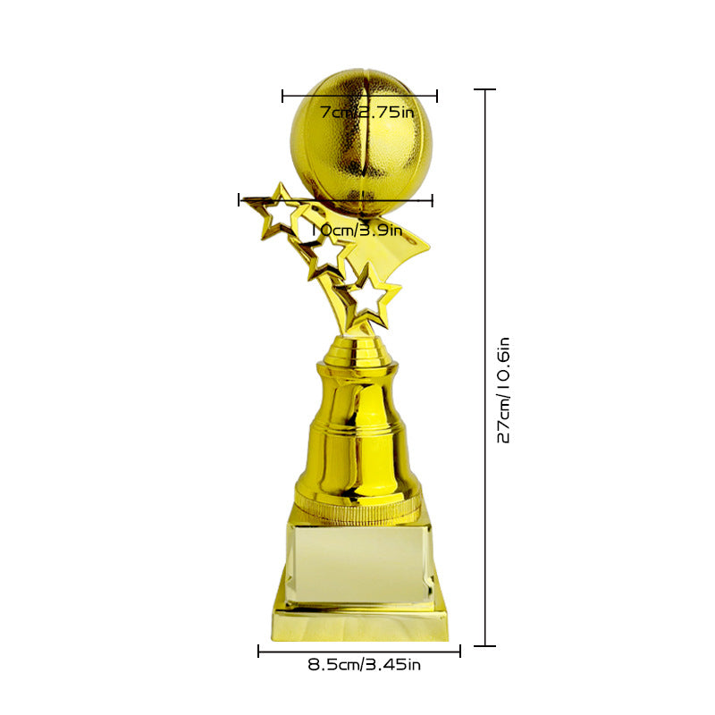 A shiny gold trophy with a round ball on top, star accents, and a rectangular base, shown with measurement lines and labels indicating dimensions of 27cm height, 7cm width, 1cm star width, and 8.5cm base width.