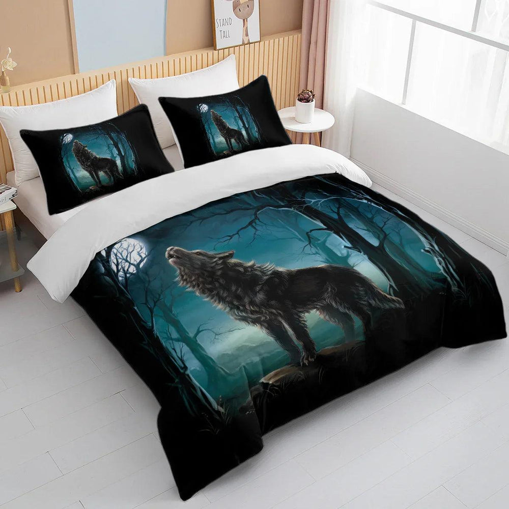Linge de lit Moon Wolf Vert Aquarelle Forêt Paysage Loup Housse de Couette Ensemble 3 Pièces Ensemble de literie Animaux Sauvages Taille Simple Double Queen KingEX-STOCK Canada