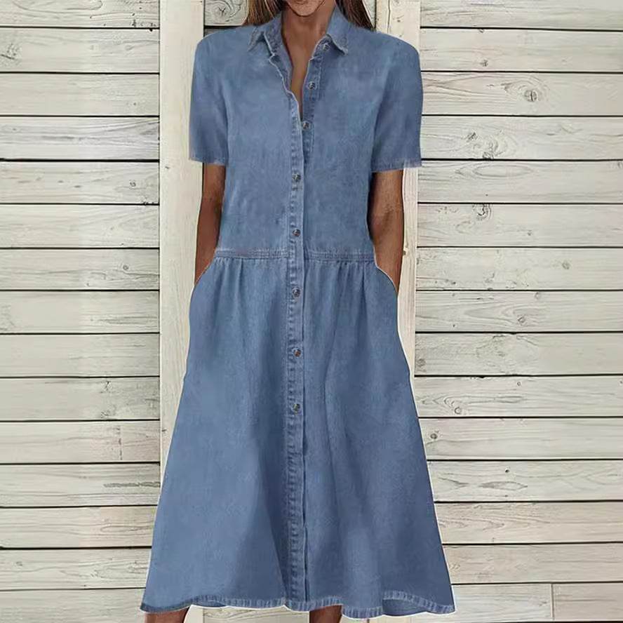 Women's European And American Lapel Casual loose button down Midi Denim jeans Mum Dress - EX-STOCK Canada