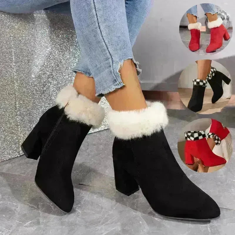 New Plaid Print Plush Ankle Boots Winter Fashion Square Heel Suede Boots Women Casual Versatile Shoes Autumn And Winter - EX-STOCK CANADA