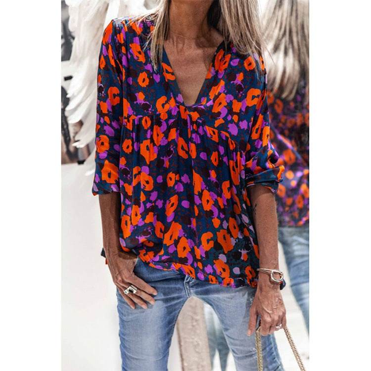 Women Casual Spring Summer New Style Blouse top Printing V-Neck Long-Sleeved - EX-STOCK Canada