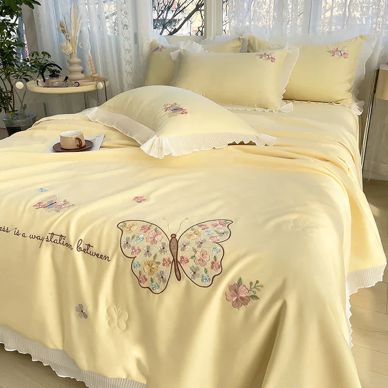 Korean Ice Silk Summer Quilt Four-piece Set Embroidery Lace Air Conditioning Cool Feeling Thin Duvet EX-STOCK Canada