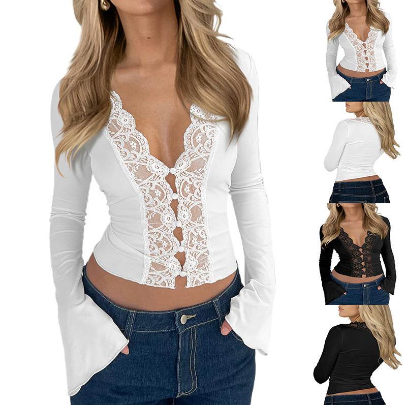 Slim V-neck Lace Button Shirt tank top Ins Fashion Trumpet Sleeve Long-sleeved Top Women Clothing - EX-STOCK Canada