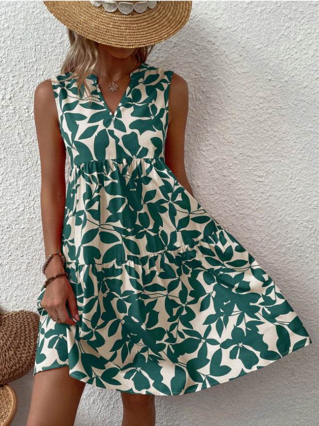 Bohemian Dresses Summer Beach Fashion Loose V-neck Pleated Print Sleeveless Dress For Women - EX-STOCK Canada
