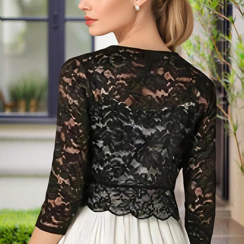 Women's Solid Color Cropped Lace Cardigan - Summer Fashion Medium-Long Sleeve Open Front Top - EX-STOCK Canada