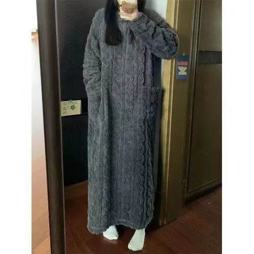 Winter Coral Fleece Sleepwear Women's Nightgown Long Night Dress Pajamas With Pockets Thickened Jacquard Dress Warm Home Clothes - EX-STOCK Canada