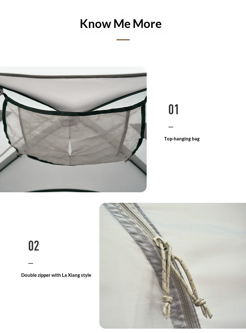 Product detail graphic showing two features of a light gray tent: a top-hanging mesh bag labeled '01' and a close-up of a double zipper with drawcord labeled '02'. Text at the top reads 'Know Me More'.