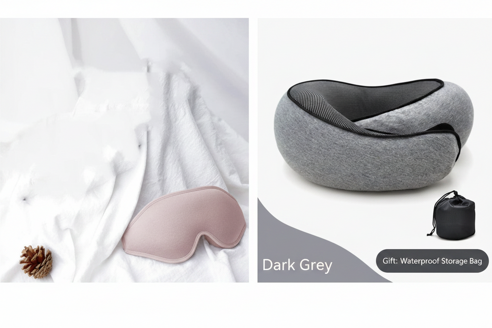 A split-panel product image showing a dark grey travel neck pillow on the right and a matching sleep mask on the left, styled on white fabric with a small pinecone prop. Text on the panel reads 'Dark Grey' and notes a waterproof storage bag.