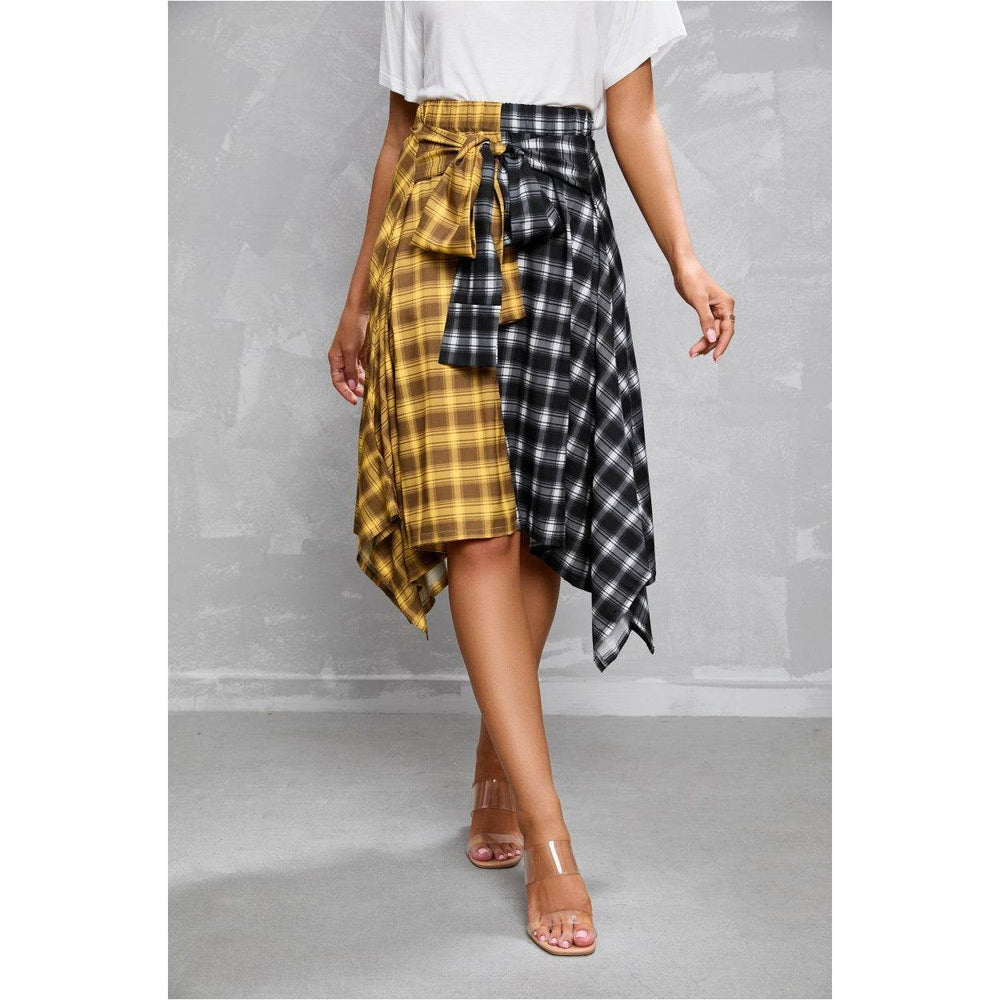 Elegant Irregular Lace-Up Check Midi Skirt street wear fashion Women's Plaid Skirts High Waisted Knot Front Asymmetrical Hem Mini Skater Skirt - EX-STOCK Canada