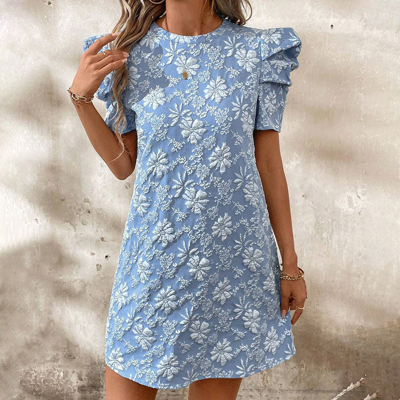 Women's Puff Sleeve A-Line Mini Dress Crew Neck Floral Casual Summer Dress EX-STOCK