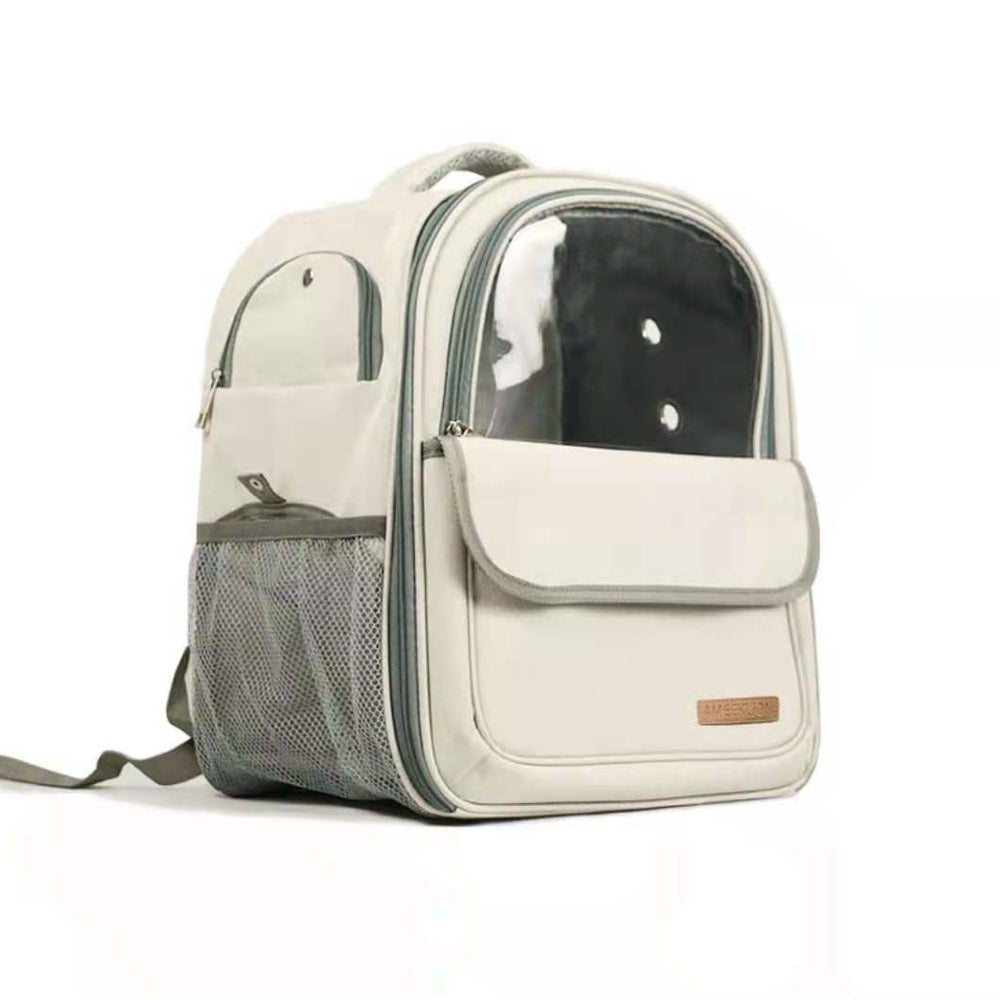 Pet carrier backpack with transparent front on a white background